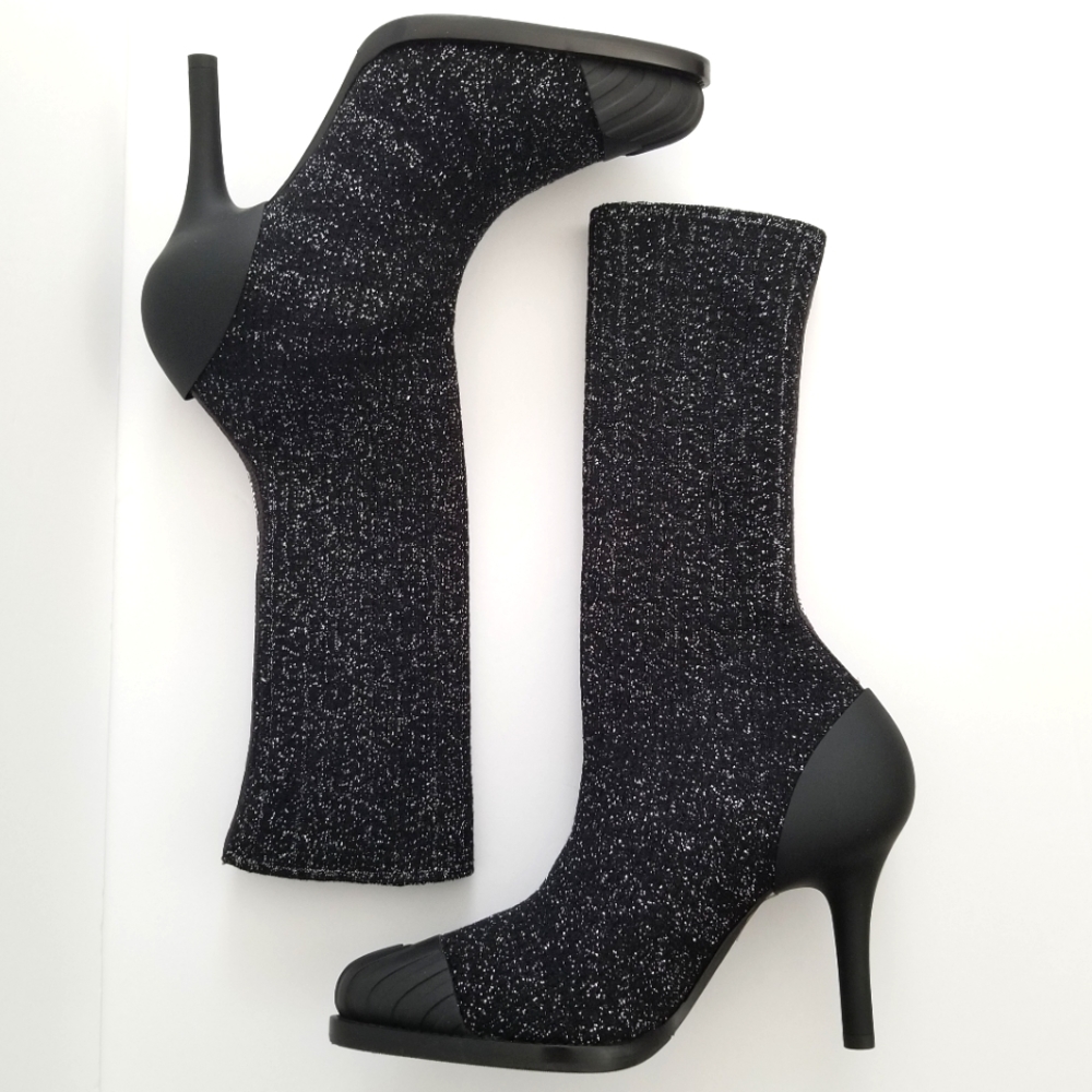 Chloe Lurex Knitted High Heel Elastic Sock Ankle Boots Size 36 Black Sil…